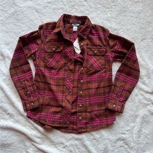 Duluth Trading Co Women's Plaid Button Down Shirt in Brown and Pink